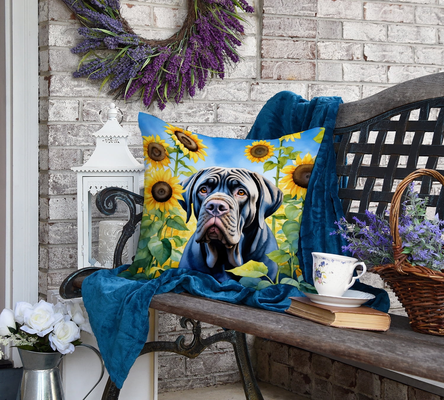 Neapolitan Mastiff in Sunflowers Throw Pillow 18 in x 18 in