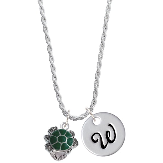 Delight Jewelry Silvertone Green Enamel 2-D Turtle Spinner Silvertone Script Initial Disc - W - Charm Necklace, 20"+3"