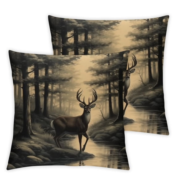 Ullo0ord Forest Square Pillow Covers Pack of 2 Deers in Woodland Rustic Farmhouse Country Hunting Western Animal Nature Decorative Washable Bedroom Outdoor Pillow Covers with Zipper 12x12in