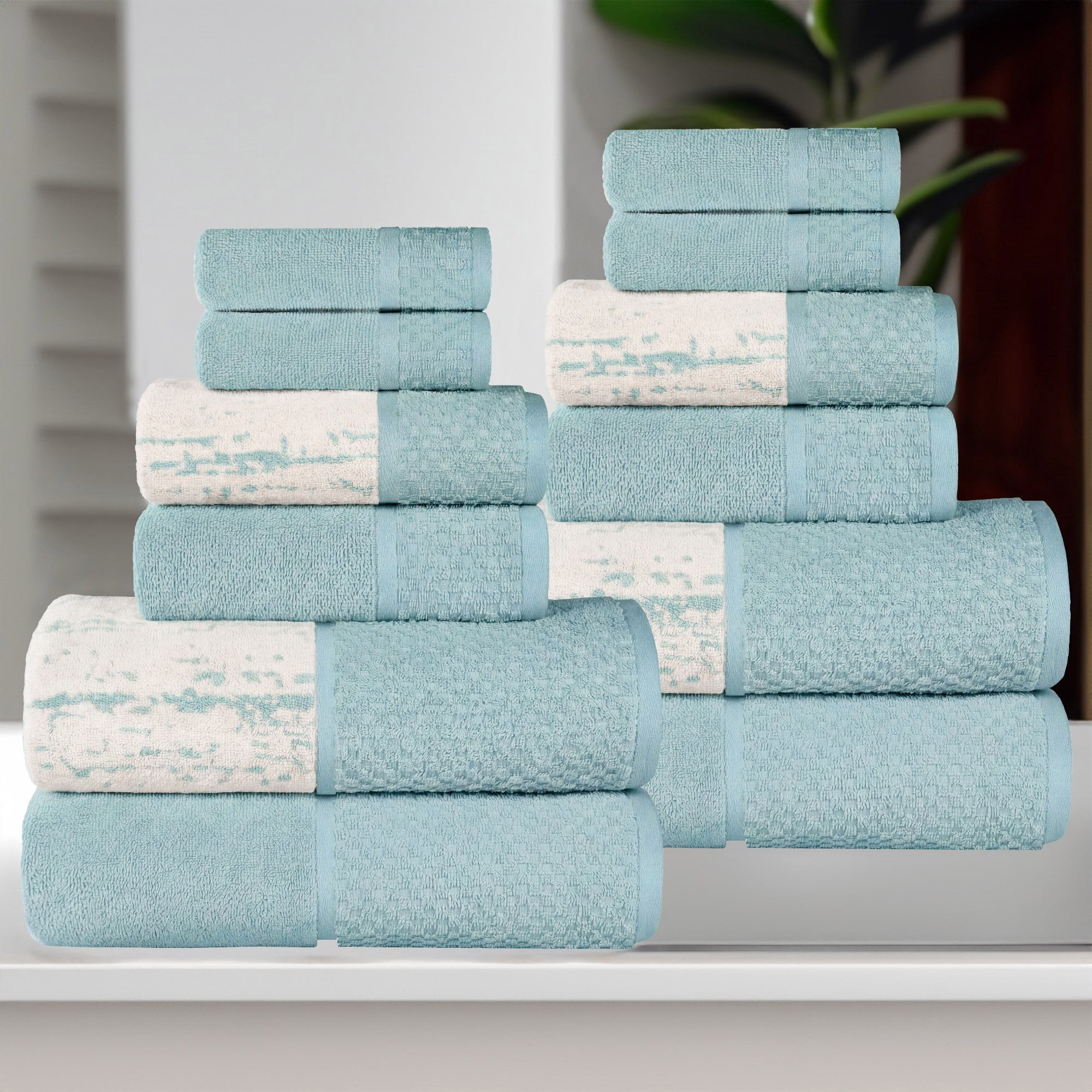 Superior Modern Cotton 12 Piece Bathroom Towel Set Mixed Pattern Solid, Cyan
