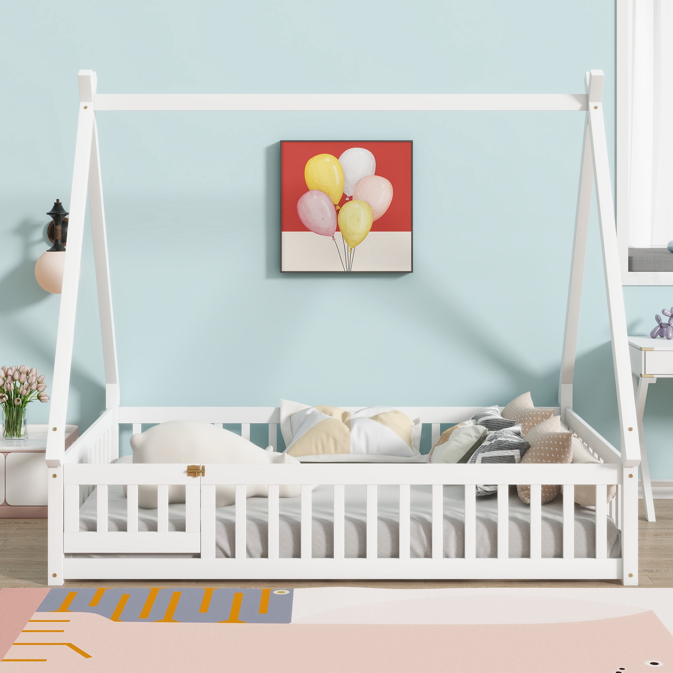 Noble House Misty Full Teepee Floor Bed with Safety Fence and Door, Solid Rubber Wood Tent Bed, Kid's Room, White