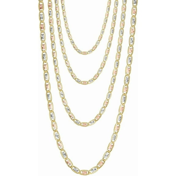 Floreo 14k Yellow Gold and White Gold and Rose Gold (2mm, 2.5mm, 3mm, 3.5mm) Solid Diamond Cut Valention Link Chain Necklace