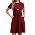 thumbnail image 3 of Women'S Short Sleeve Summer Dress Pleated Loose Swing Knee Length Dresses with Pockets Wine Red M, 3 of 9