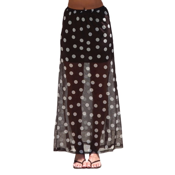 Women's Mesh Polka Dots Skirts Elastic Waist Semi See Through Skirt for Streetwear Coffee & White S