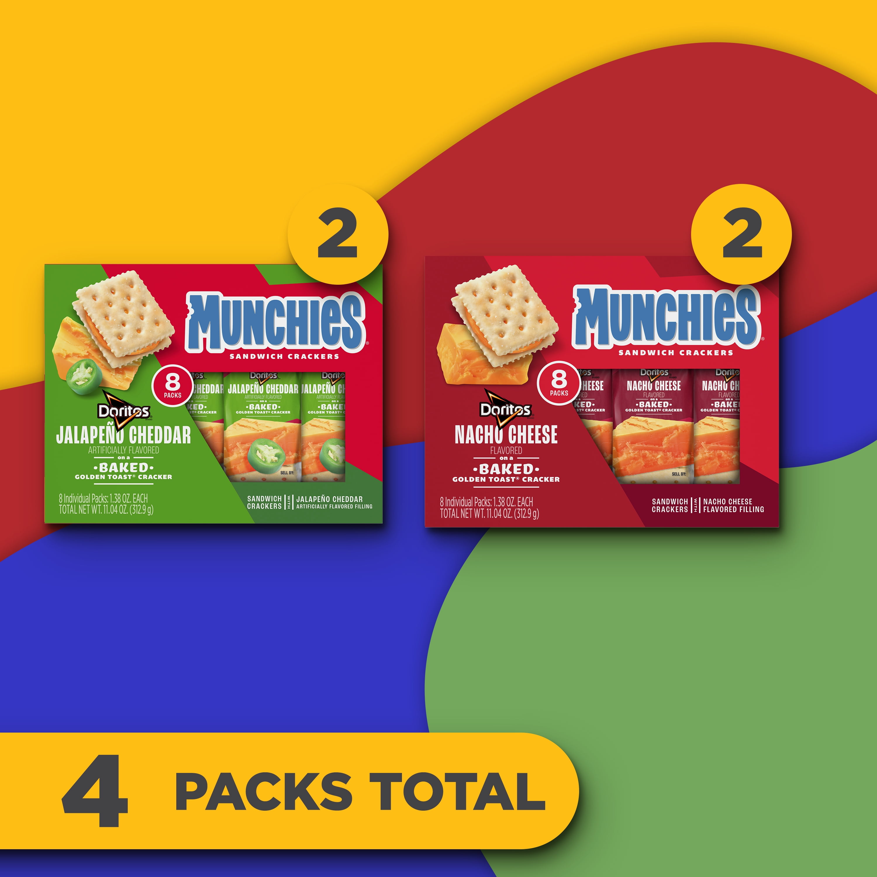 Munchies Baked Sandwich Crackers Variety pack, Doritos Nacho Cheese and Doritos Jalapeno Cheddar, (pack of 4, 32 Sleeves)