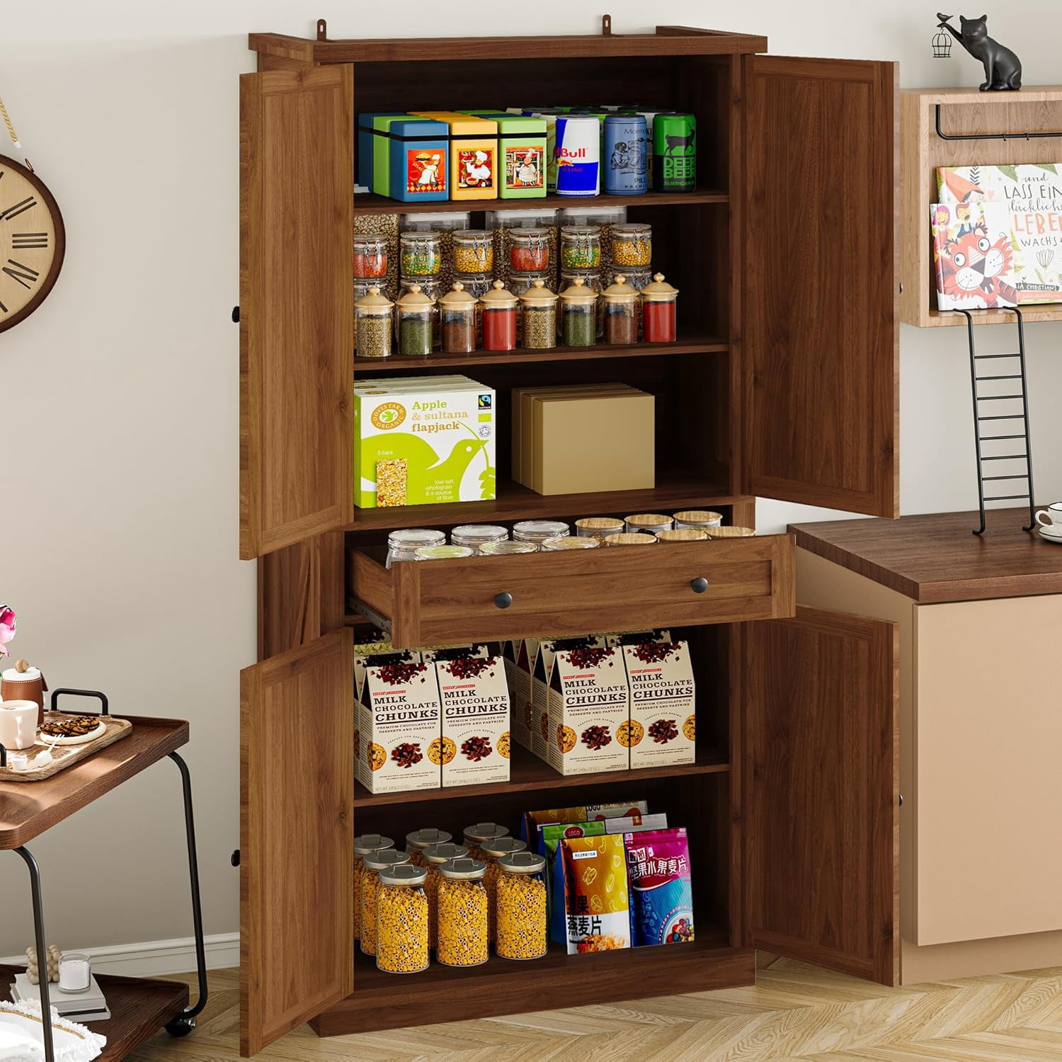 FANRAL 70” Tall Pantry Organizers and Storage Cabinet with Barn Doors & Drawers,Adjustable Shelf,Tall Pantry for Kitchen Dining Room Living Room Bedroom,Walnut Pantry Cabinet