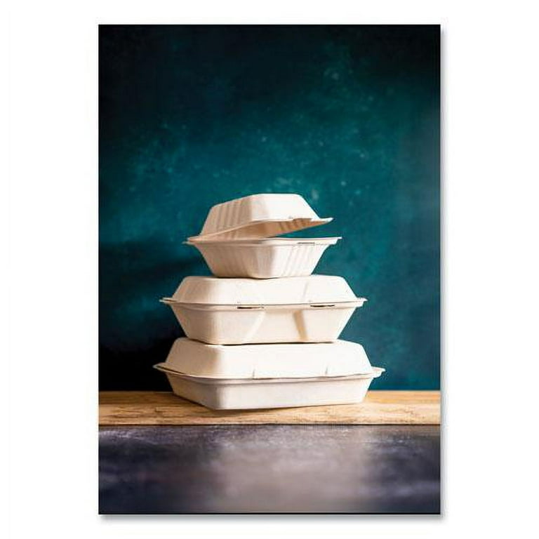 White Molded Fiber Clamshell Containers, 3-Compartment, 9 x 18 x 2, White, Sugarcane, 200/Carton White Molded Fiber Clamshell Containers, 3-Compartment, 9 x 18 x 2, White, Sugarcane, 200/Carton