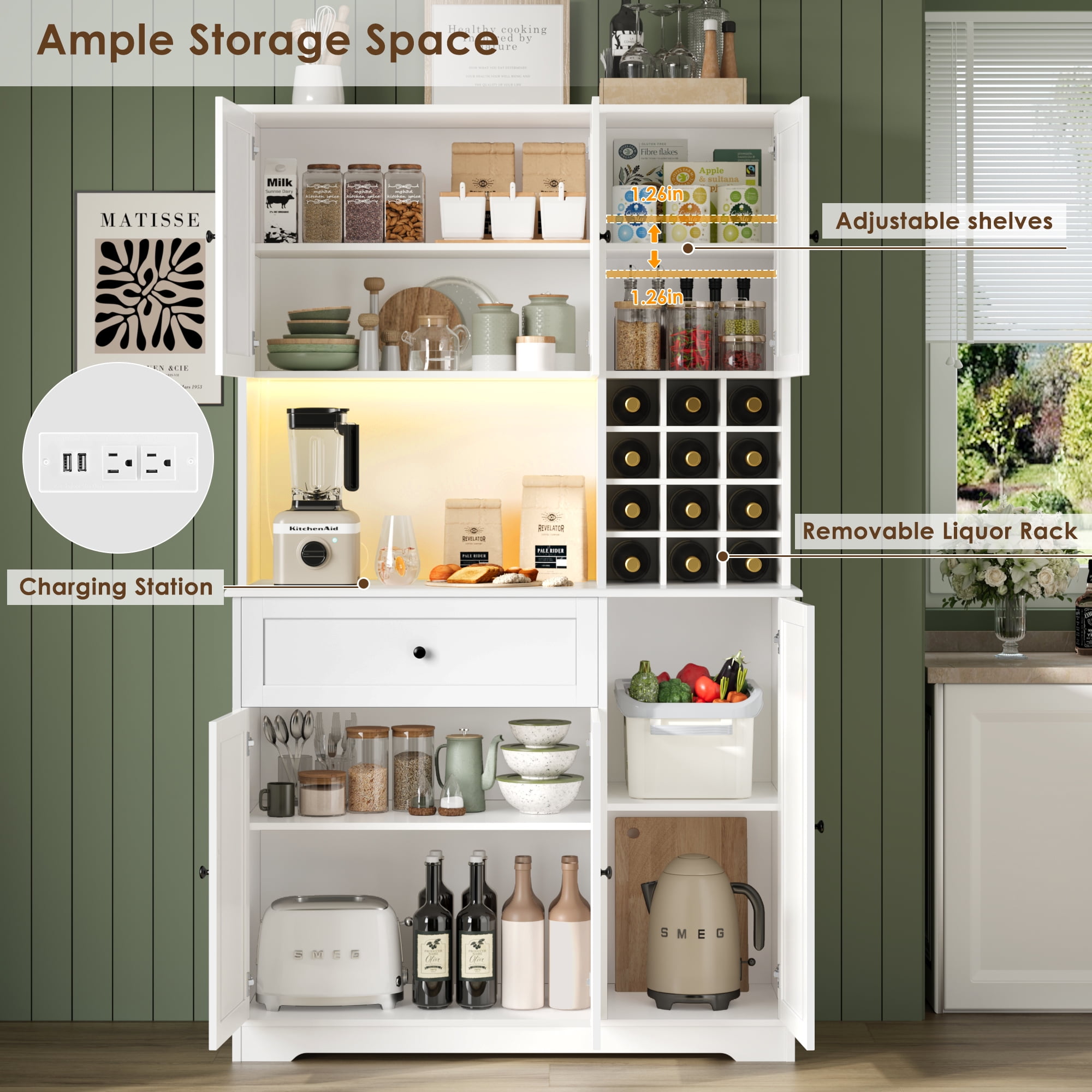 Hiphuta 71" Kitchen Pantry with 7-Color LED Light and Charging Station, Tall Pantry Cabinet with Microwave Stand, Modern Freestanding Hutch with Storage Drawer for Dining Room, White