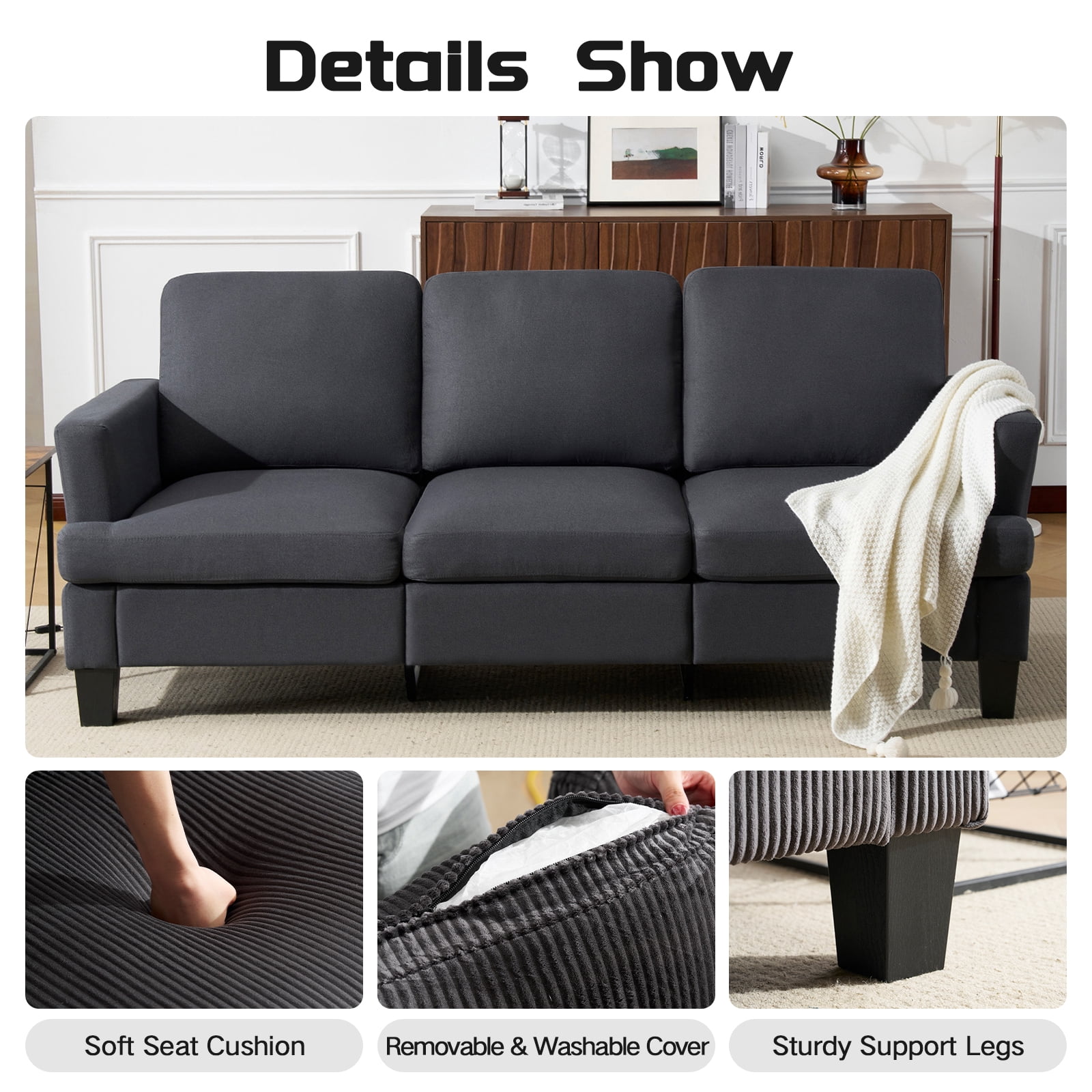 3 Seater Sofa, 84" Linen Upholstered Sofa with Deep Seats, Classic Modern Couch for Living Room, Dark Gray