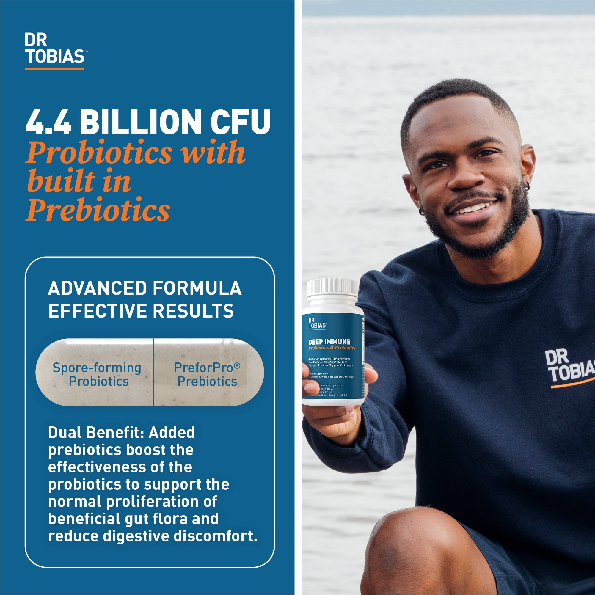 Dr. Tobias Deep Immune Probiotics & Prebiotics - Dual Action Digestion & Immune Support with PreforPro Prebiotics & Delayed Release Spore Forming Probiotics for Women & Men 60 Capsules 30 Servings