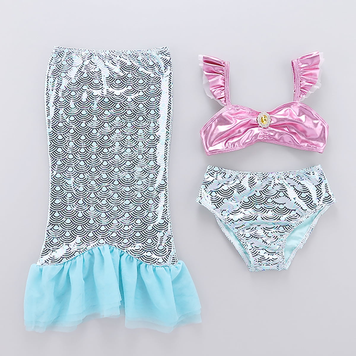 Danvren Girls Swimsuit Mermaid Tails for Swimming Party Supplies Costume Swimwear Bikini 3 Pcs for 3-12Y 