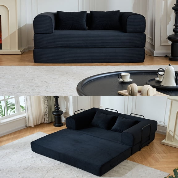 CQSXDA Foldable 59 Inch Corduroy Sofa Bed With Cylindrical Pillow And Fixed Frame For Living Room Or Bedroom Use, Black