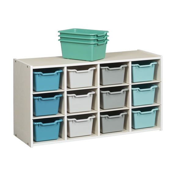 ECR4Kids Streamline 12 Cubby Tray Cabinet and 15 Scoop Front Bins, 3x4, Kids Furniture, White Wash