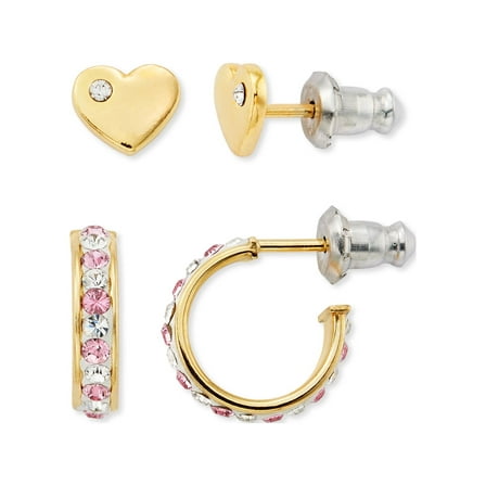 Brilliance Fine Jewelry 14K Gold Plated Sterling Silver Crystal Heart Studs and Hoop Children’s Earrings Set
