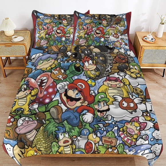 Super Mario 3-Piece Comforter Set for Bedroom, Super Mario Bedding Set for Kids Adults, Soft Microfiber Duvet Cover Set with Zipper Closure, 1 Duvet Cover + 2 Pillow Covers