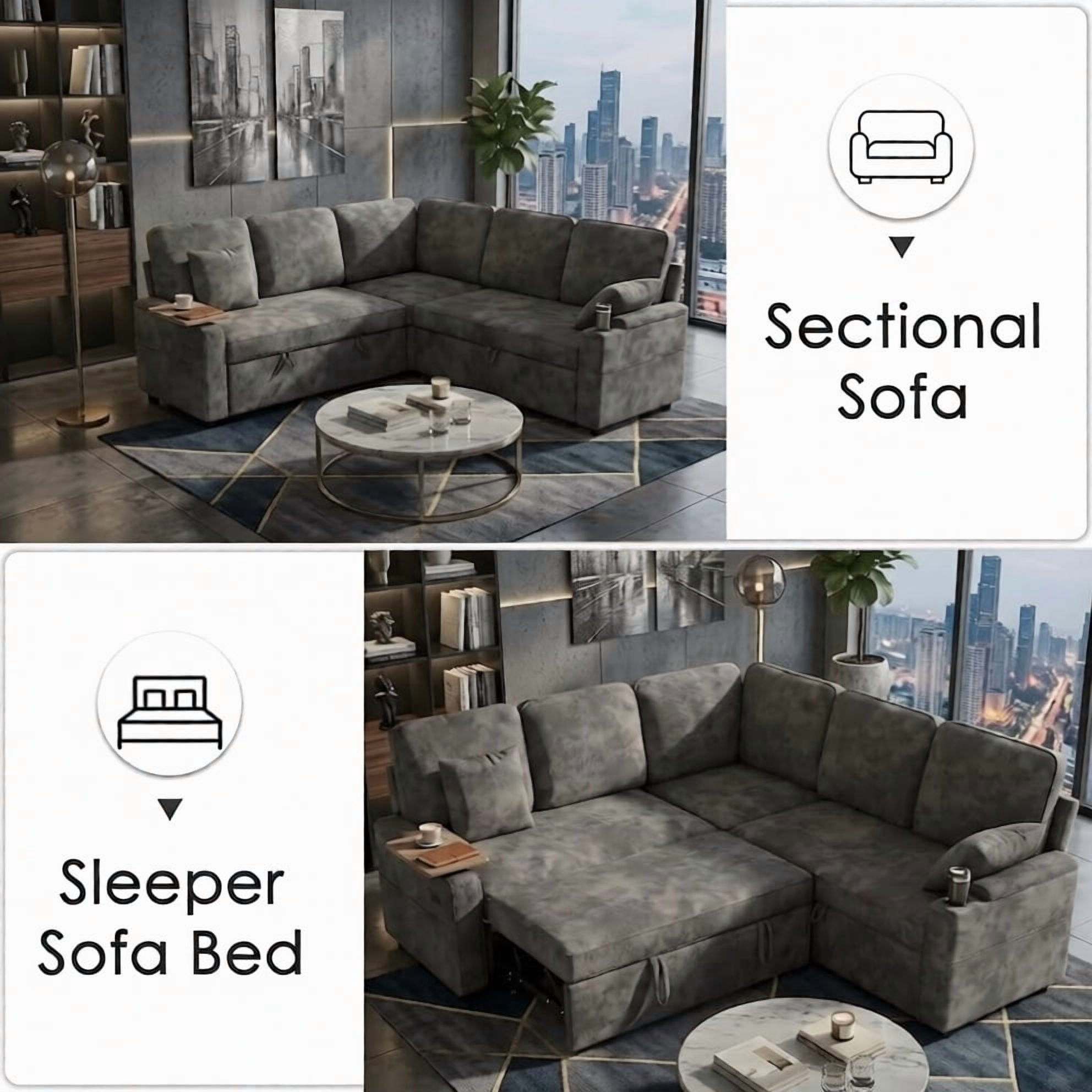 EPOWP 81" Modular Sectional Sleeper Sofa, L Shaped 5-Seater Couch with Pull Out Bed, Large Storage Chaise, USB Charging Ports & Cup Holders, Chenille Sofa Bed for Living Room, Grey