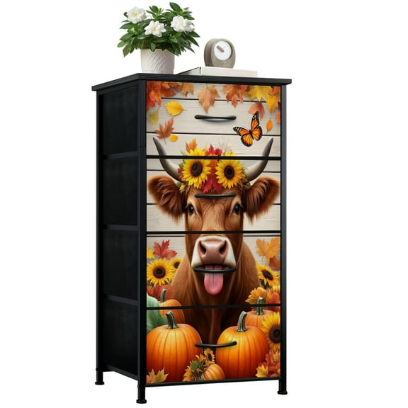 Boho Dresser for Bedroom with 4 Storage Drawers Fall Farmhouse Rustic Butterfly Pumpkin Cow Western Country Cattle Dressers Chest of Drawers Steel Framed Fabric Closet Organizers for Entryway