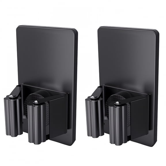 LAMIRO 2-Pack Self Adhesive Broom Holder Wall Mount - Heavy Duty No Drill Broom Organizer for Garage Closet Kitchen,Plastic Storage Rack for Brooms Mops Tools,Peel and Stick Adhesive (Black)