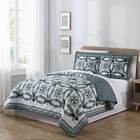 - Mainstays Traditional Wedding Ring Patterned 3 Piece Full/Queen Quilt Set, Gray