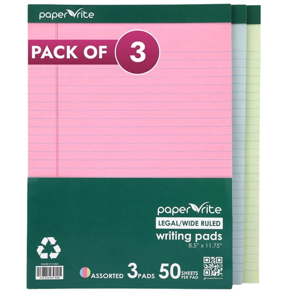 Paper Rite Large Writing Pads | Pack of 3 | 50 Sheets | 11.75 x 8.5 Inches | Blue Pink Green | Daily Use Notebooks