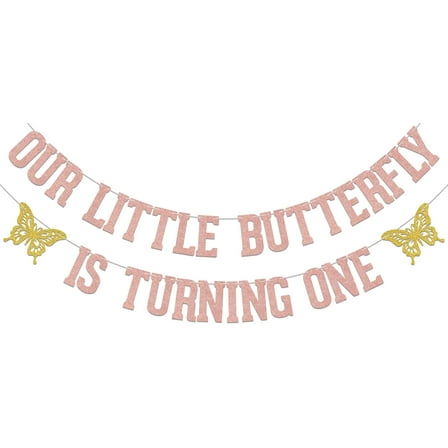 Our Little Butterfly Is Turning One Banner,Little Butterfly 1st Birthday Party Decoration,1st Birthday Baby shower Party Banner Supplies for Girl Rose Gold Double-Sided Glitter