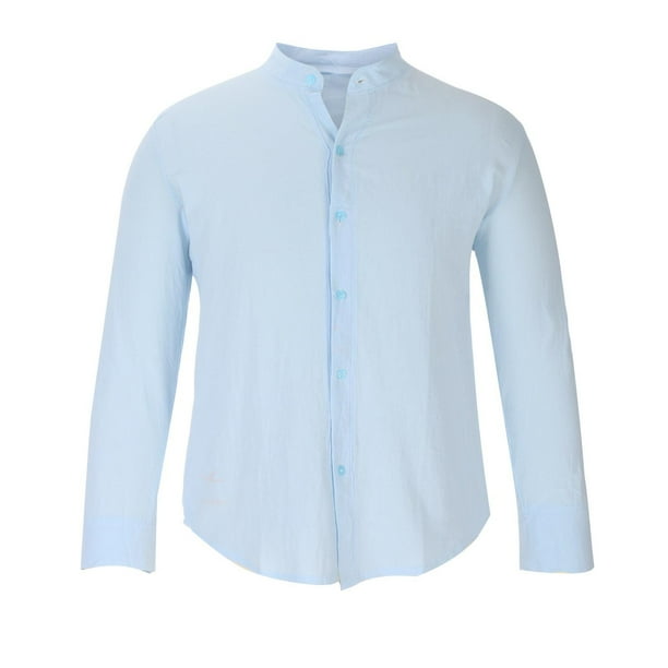 jovati Men Shirts Long Sleeve Men Casual Solid Cotton Linen Stand