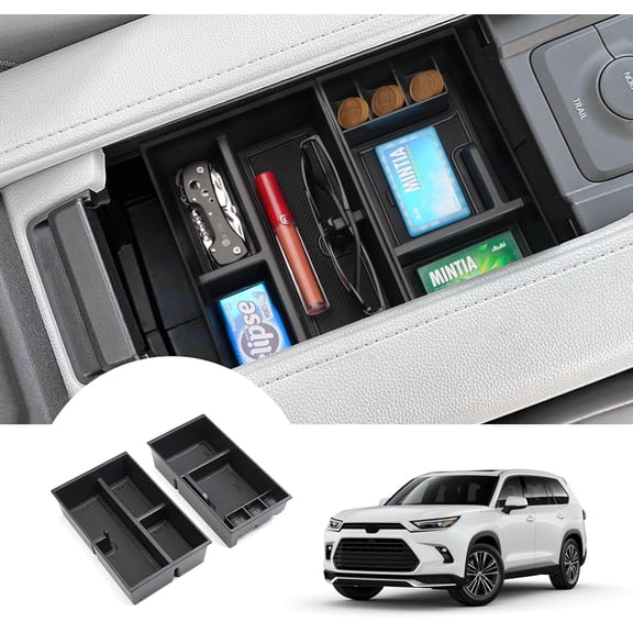 Canvcle 2PCS Center Console Organizer for Toyota Grand Highlander 2024 2025 Accessories Armrest Storage Box Secondary Insert Tray with Anti-Slip Mat