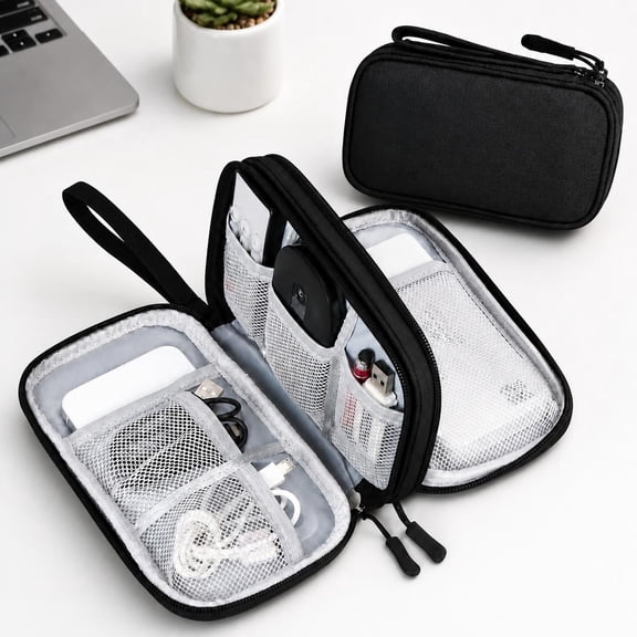 Travel Cable Organizer Pouch, Double-Layer Tech Pouch with 8 Compartments, Water-Resistant Zipper Pouch, Black