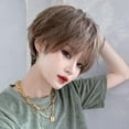 thumbnail image 4 of Korean Fashion 11 Inch Cool Short Bob Wig for Women, Natural Straight Synthetic Short Cosplay Wigs with Bangs For Cosplay and Daily Wear D-128, Honey Tea Linen, 4 of 5