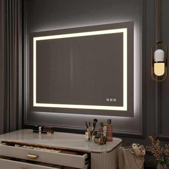 Waterpar 48 in. W x 36 in. H LED Lighted Single Frameless Bathroom Mirror with Anti Fog Dimmable Vanity