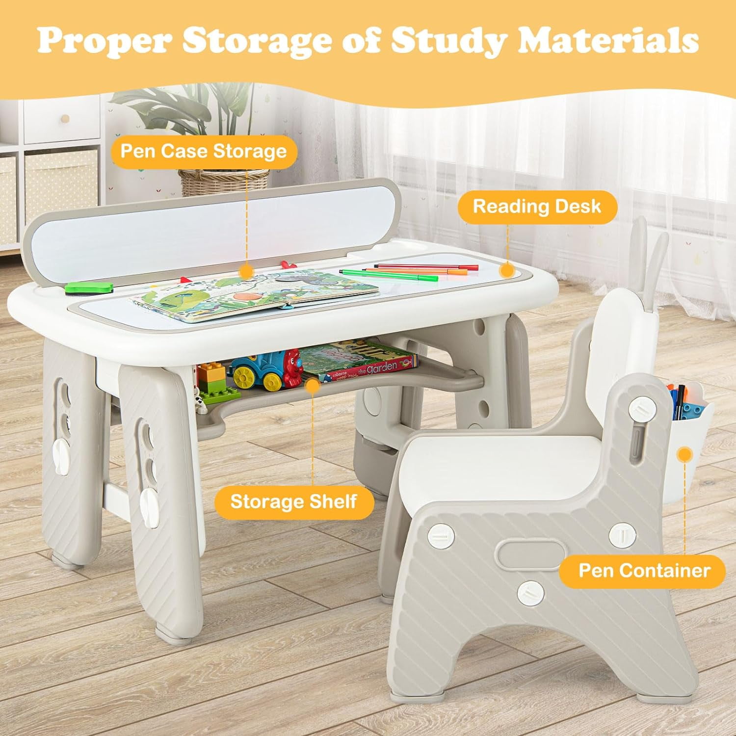 OLAKIDS  Kids Table and Chair Set, Activity Table with Magnetic Drawing Board 4 Gears Adjustable Height Bookshelf Watercolor Pens, Toddler Plastic Furniture Table for Playing Reading Eating