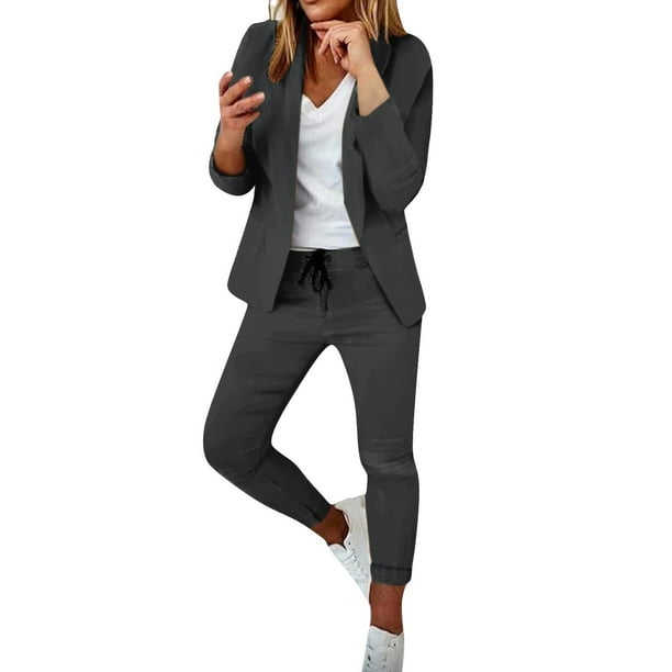 Conjunto de traje de dos piezas con solapas para mujer: chaqueta de manga larga y pantalones, corte ajustado, color liso, atuendo de invierno para la oficina
