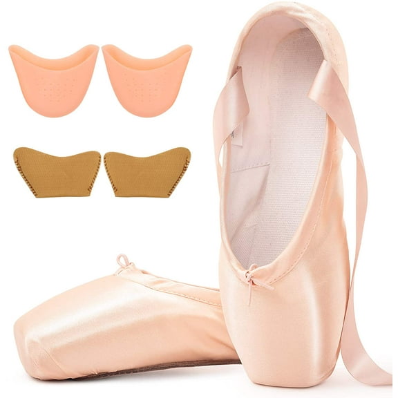 Ballet Pointe Shoes for Girls and Women Pink Satin Dance Shoes with Pre-Sewn Ribbons Toe Pads (Please Choose One Size Larger)