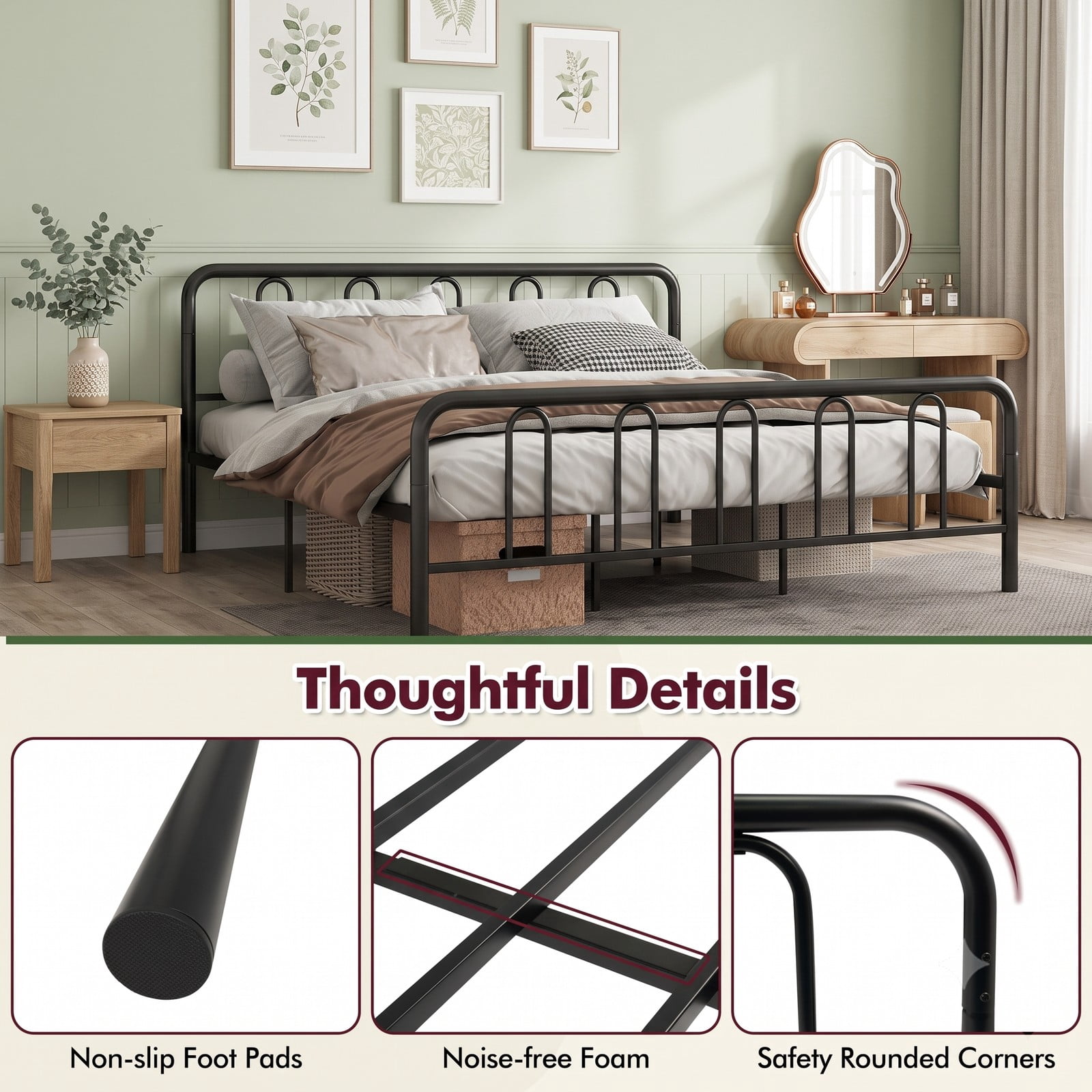 Furnibear King Size Bed Frame with Storage, Metal Platform Bed with Arched Headboard and Footboard, No Box Spring Needed, Black