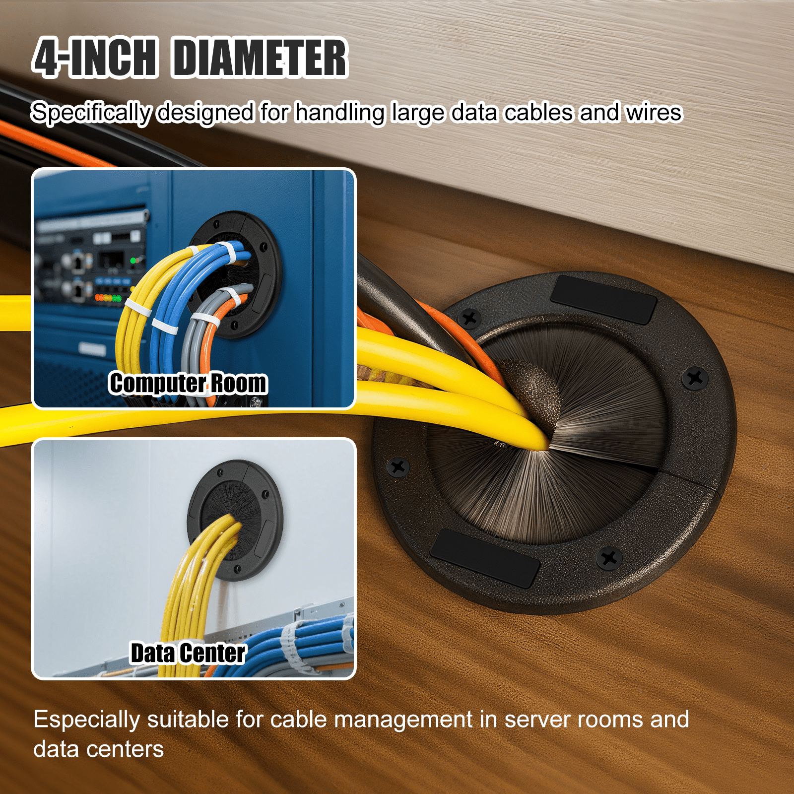 2-Pack 4-Inch Round Brush Grommet, Large Split Design Cable Pass-Through for Data Center Raised Floor & Home Wall, Airflow Optimization