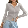 thumbnail image 1 of Women's Double Zip Ribbed Knit Cardigan Tight Fitting Crop Top With Collar, 1 of 4