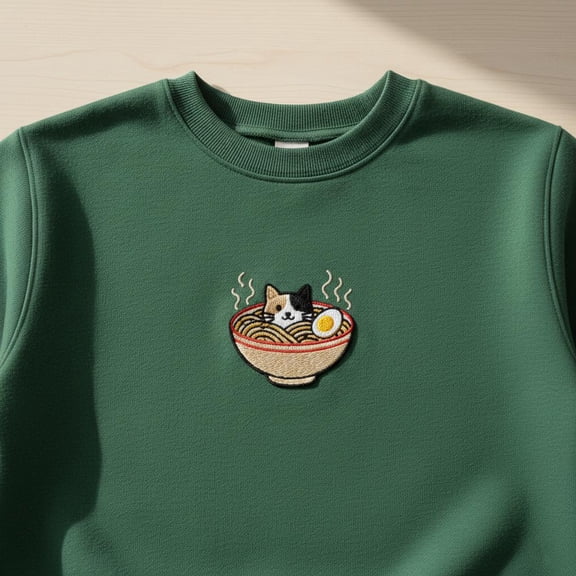 Adorable Calico Cat Embroidered Sweatshirt, Cute Cat In Ramen Bowl Shirt, Kawaii Noodle Embroidered Hoodie, Japanese Food Cat Gift