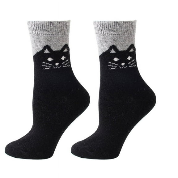 Milue Womens Adult Winter Faux Wool Blend Crew Socks Cute Cartoon for Cat Print Contrast Color Vintage Knit Thickened Thermal Warm Mid Tube Hosiery