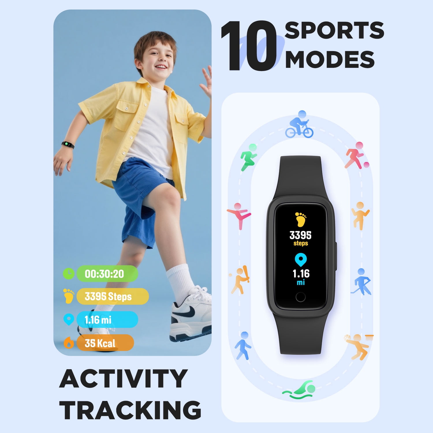 BIGGERFIVE Vigor 3 Kids Fitness Tracker Watch, AMOLED Screen, No App No Phone Needed, 3ATM Waterproof, Heart Rate and Sleep Monitor, Pedometer Watch, Sports Step Counter for Girls Ages 5-15, Black