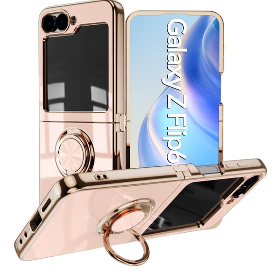 Allytechgroup Stand Case for Galaxy Z Flip 7 FE & Z Flip 6, 360° Rotatable Kickstand Ring Holder Military Grade Protection Shockproof Luxury Plating Support Magnetic Magnetic Car Mount Cover, Pink