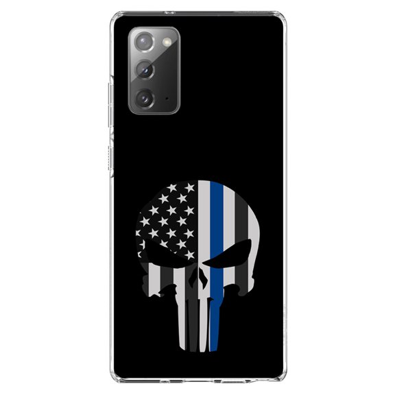DistinctInk Clear Shockproof Hybrid Case for Samsung Galaxy Note 20 (6.7" Screen) - TPU Bumper, Acrylic Back, Tempered Glass Screen Protector - Thin Blue Line Skull - Support for First Responders