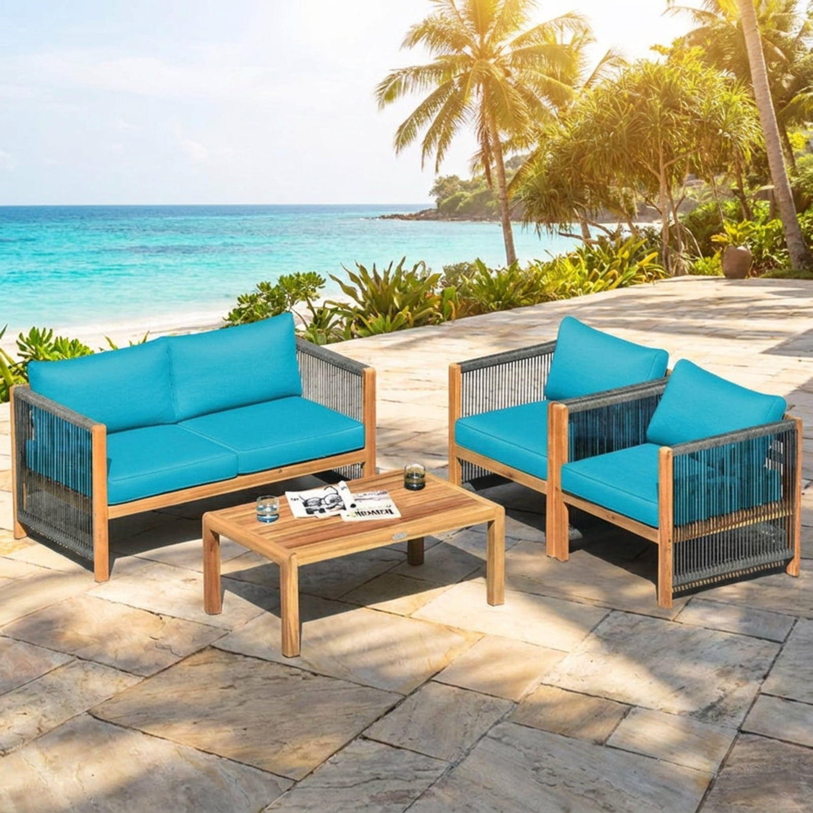 Biotree 4 Piece Acacia Wood Patio Furniture Set outdoor conversation set with cushions and coffee table for garden backyard and porch, Turquoise