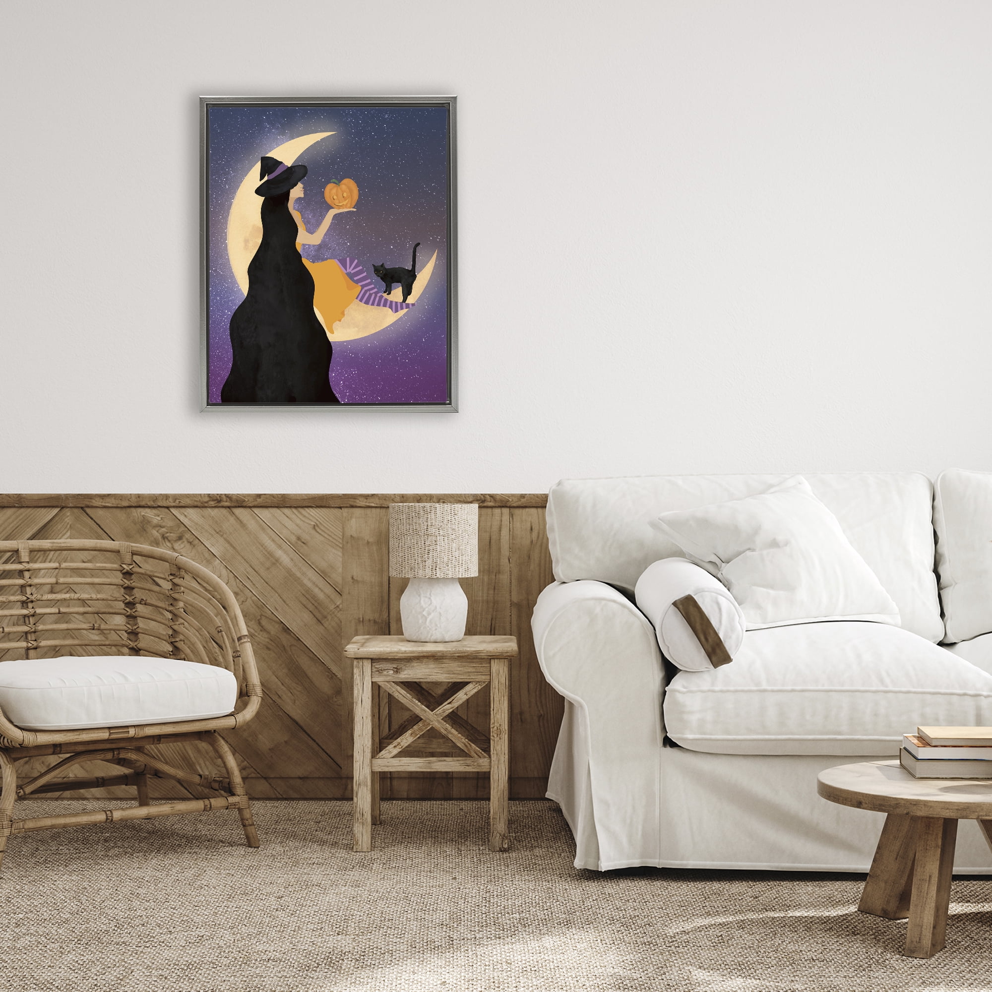 Stupell Industries Moonlit Witch Holding Jack-o-Lantern Gray Framed Floater Canvas Wall Art, design by Daniela Santiago