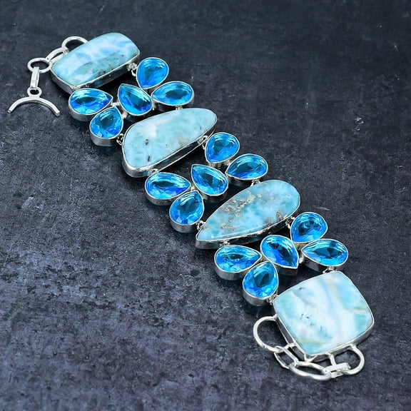 Natural Caribbean Larimar, Topaz Gemstone 925 Sterling Silver Bracelet 7-8"