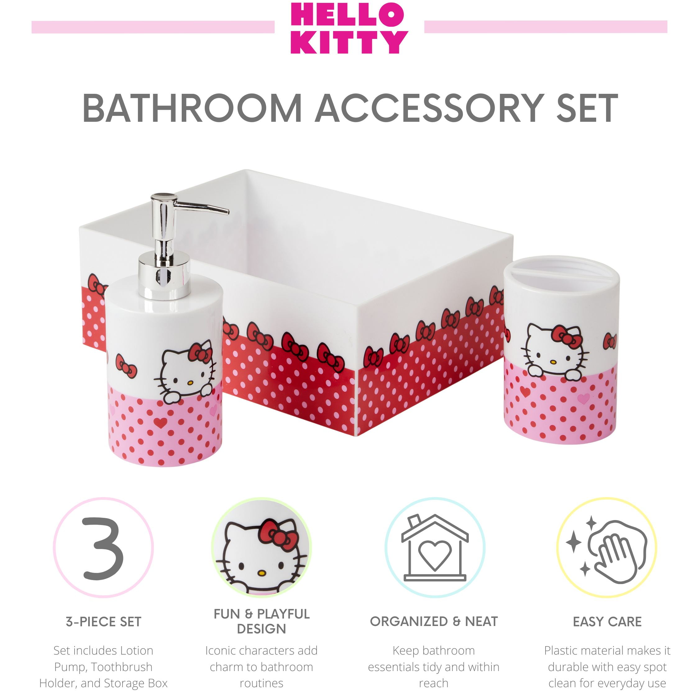 Hello Kitty 3-Piece Bathroom Accessory Set, Toothbrush Holder, Soap Pump, Storage Bin
