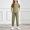 thumbnail image 2 of Ruiwill Girls Outfit Set Crew Neck Short Sleeve Solid Color Tops With Pants Set Summer Dailywear Casual Lightweight Girls Clothes Set Size 6-7 Years Army Green, 2 of 6