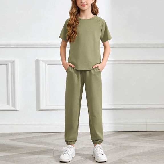 ZHOGXU Kids Girls Summer Outfit Two Piece Short Sleeve Crew Neck Solid Color Top And Pants Fashion Comfortable Sets For Casual Daily Wear,Army Green,6-7 Years