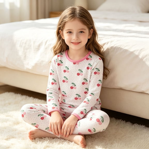 Glisme Outfits For Girls Long Sleeve Cartoon Graphic Tops Pants Crewneck Sleepwear Lovely Little Girls Clothes White