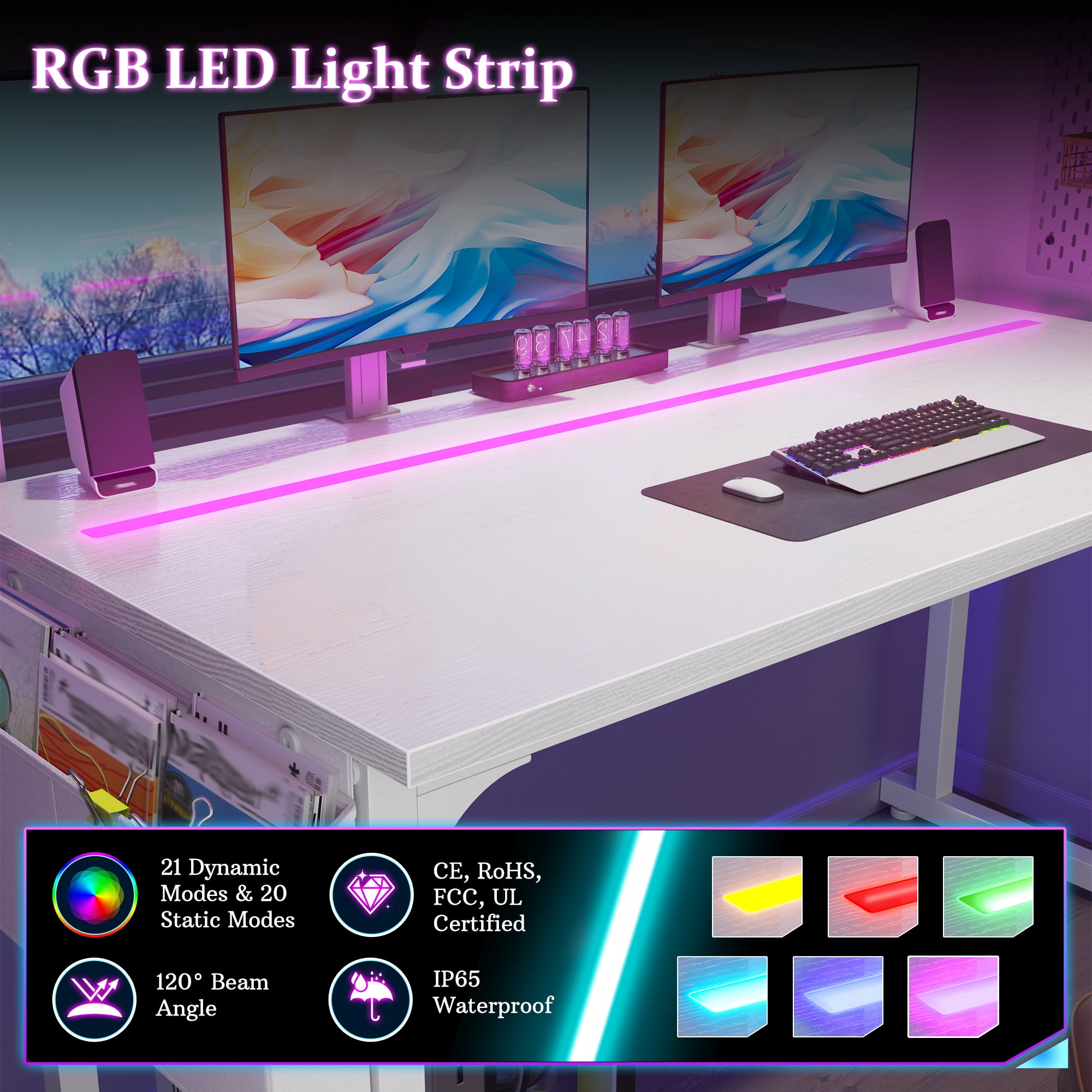 Romorgniz 40 Inch Computer Desk with LED Lights for Small Spaces, Home Office Desk with Storage Bag, Headphone Hook, White
