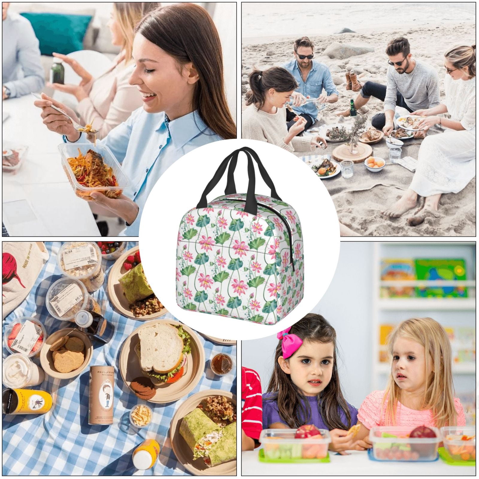 Naloa Lotus Flower Print Lunch Box for Women Men,Insulated Lunch Bag,Lunchbox,Thermal Leakproof Cooler,Reusable Lunch Tote Bag for Work School Travel Picnic